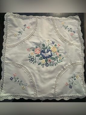 Vintage Hand Embroidered Floral Pillow Cover White Crochet Lace Trim 16x16